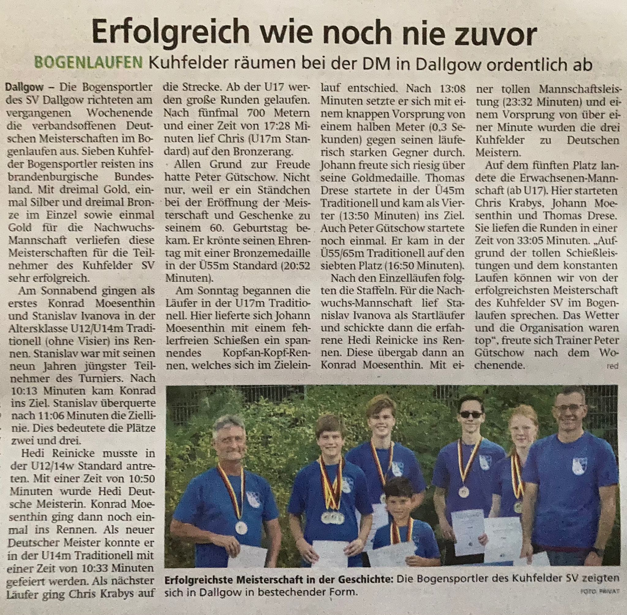 Artikel in der Volksstimme über die Erfolge des Kuhfelder SV bei der DM Bogenlaufen