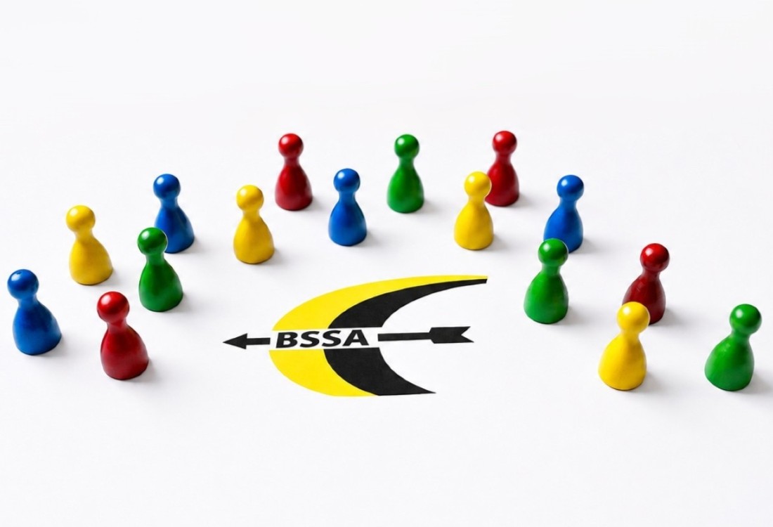 Spielfiguren in verschiedenen Farben stehen um das Logo des BSSA herum