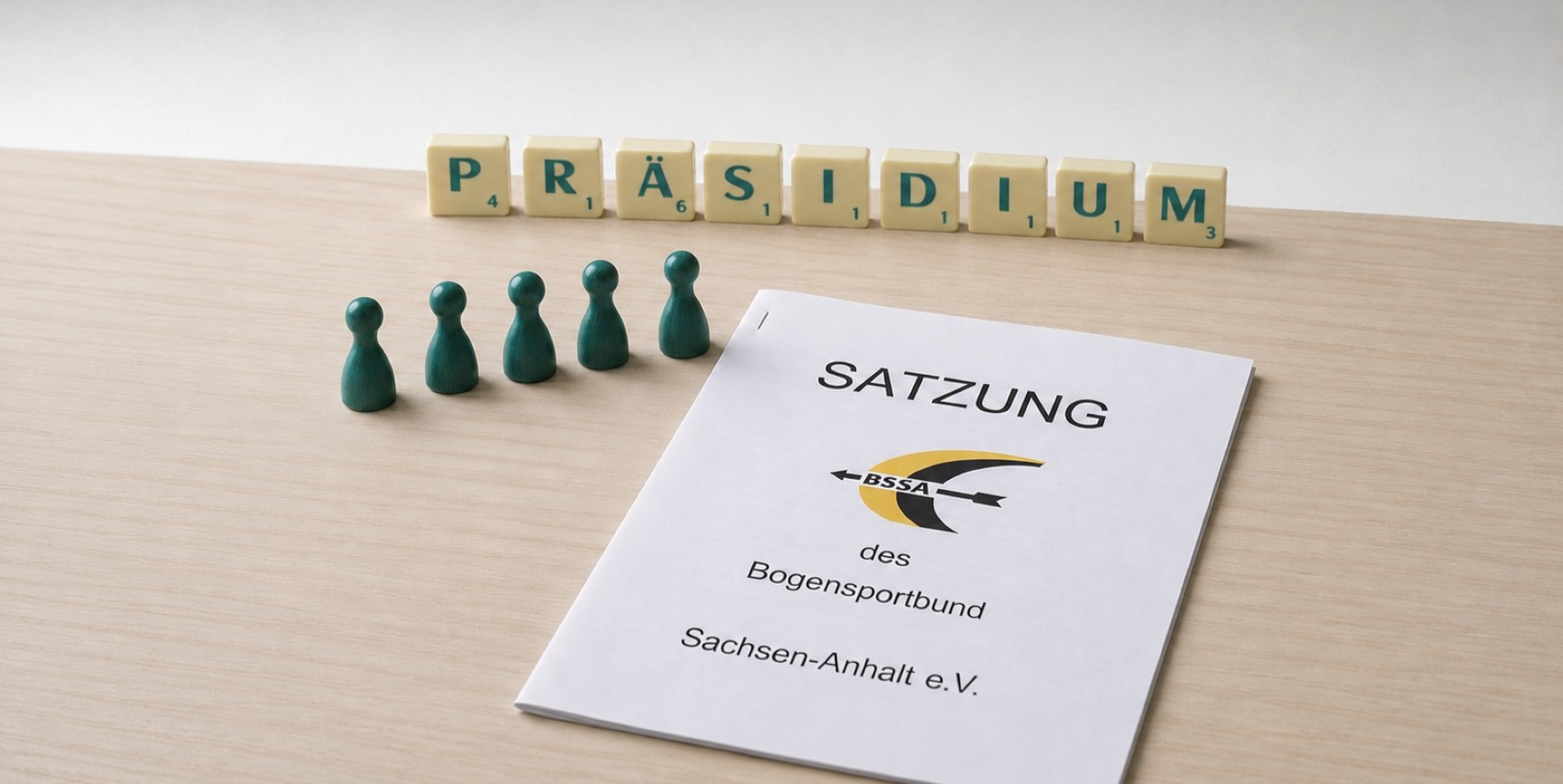 Fünf Spielfiguren stehen vor der Satzung des BSSA, im Hintergrund das Wort Präsidium aus Buchstaben des Spiels Scrabble