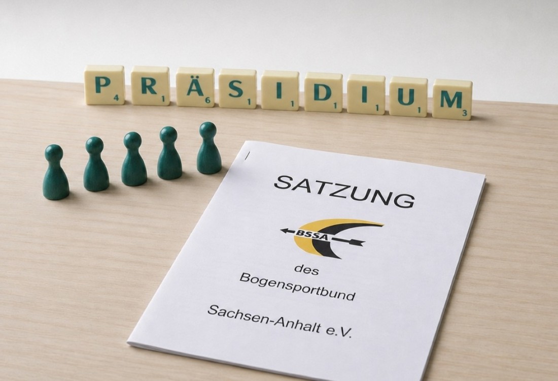 Fünf Spielfiguren stehen vor der Satzung des BSSA, im Hintergrund das Wort Präsidium aus Buchstaben des Spiels Scrabble